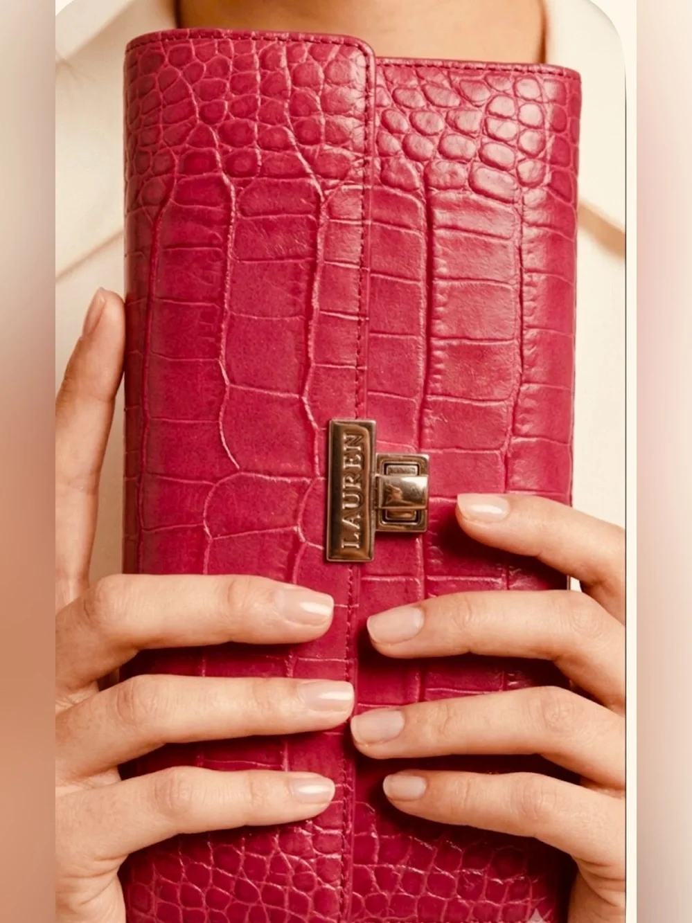 Lauren Ralph Lauren Pink Magenta Crocodile Embossed Leather Wallet Clutch
